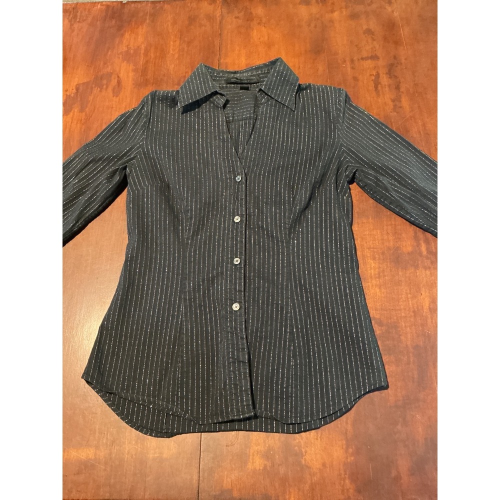 Express Design Studio Womens Medium Black Silver Metallic Pinstripe Button Down